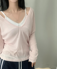 플리 딥브이 시스루 골지 긴팔티셔츠 8color 핑크