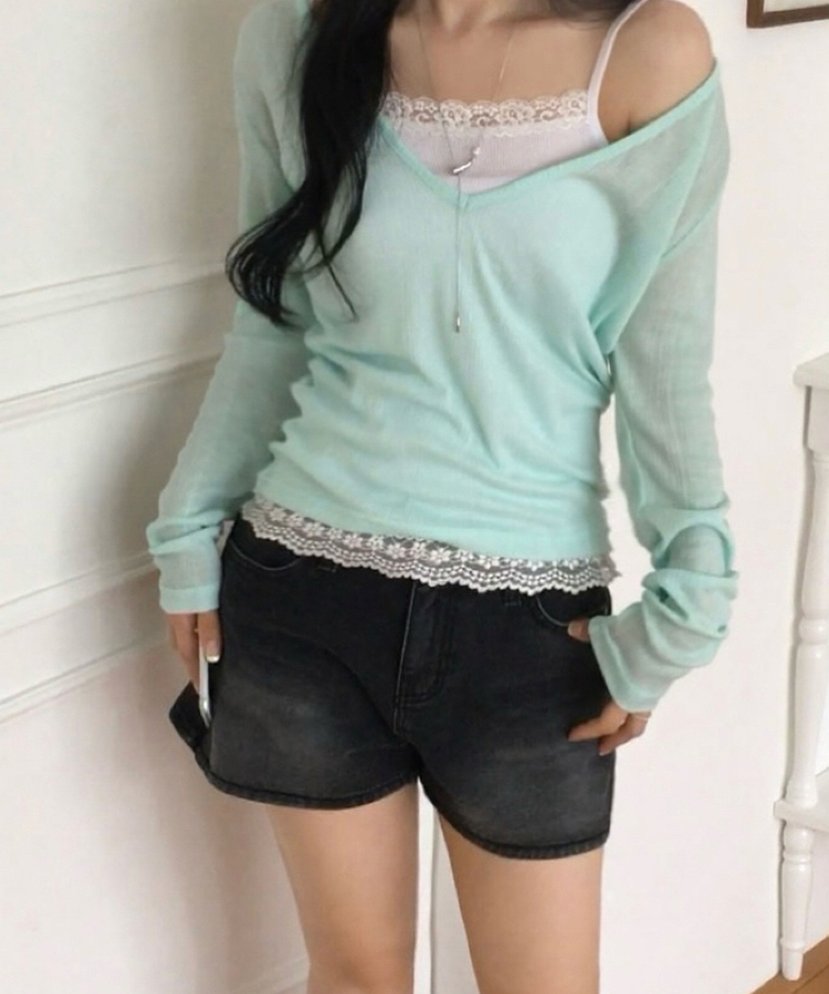 플리 딥브이 시스루 골지 긴팔티셔츠 8color 민트