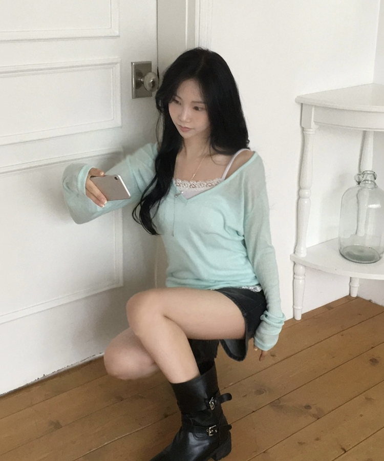 플리 딥브이 시스루 골지 긴팔티셔츠 8color 민트