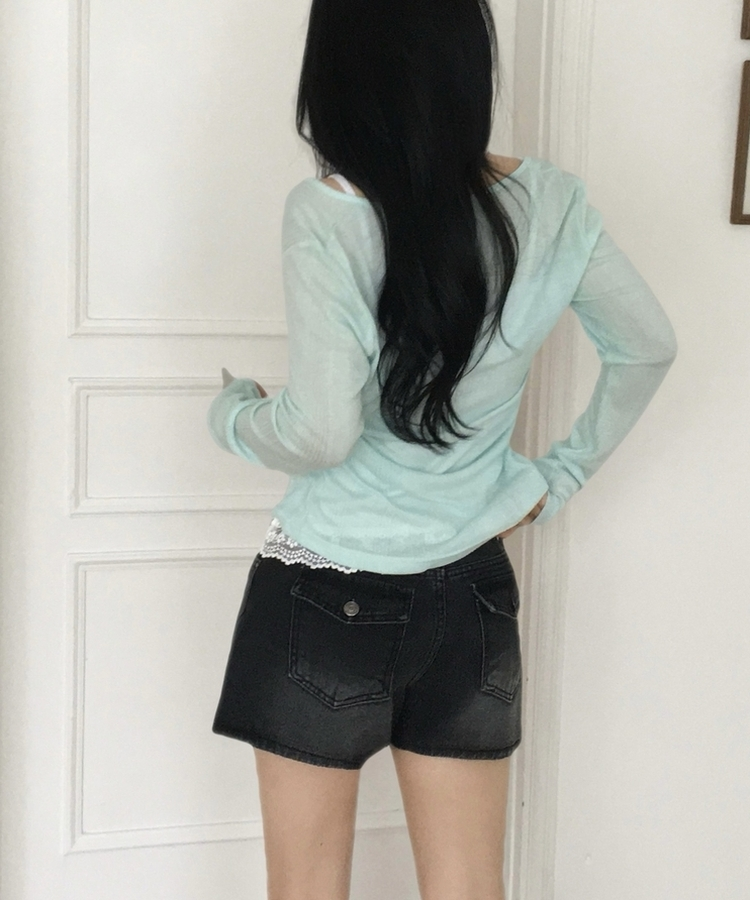 플리 딥브이 시스루 골지 긴팔티셔츠 8color 민트