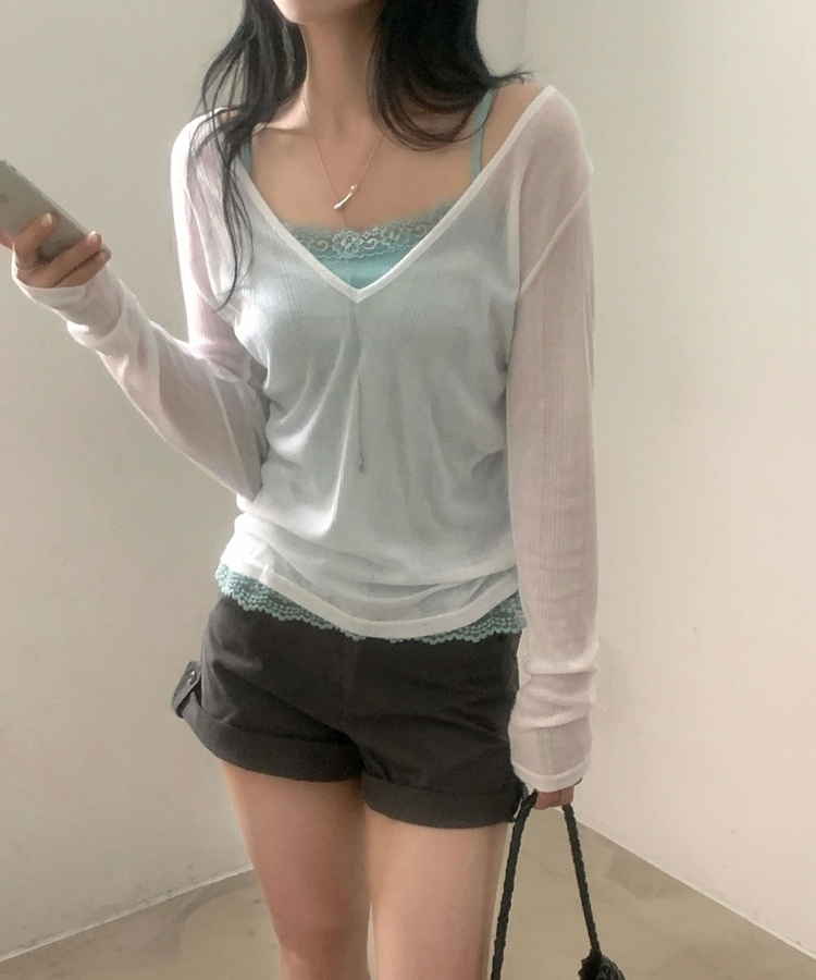 플리 딥브이 시스루 골지 긴팔티셔츠 8color 아이보리