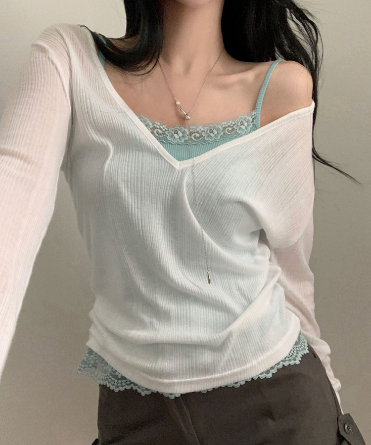 플리 딥브이 시스루 골지 긴팔티셔츠 8color 아이보리