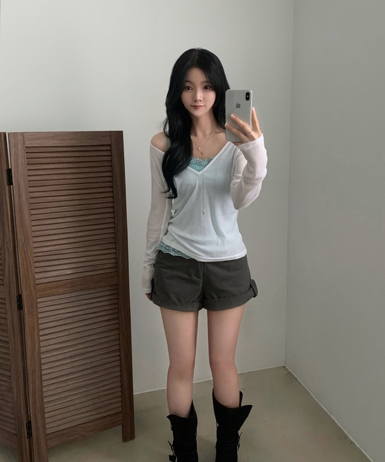 플리 딥브이 시스루 골지 긴팔티셔츠 8color 아이보리