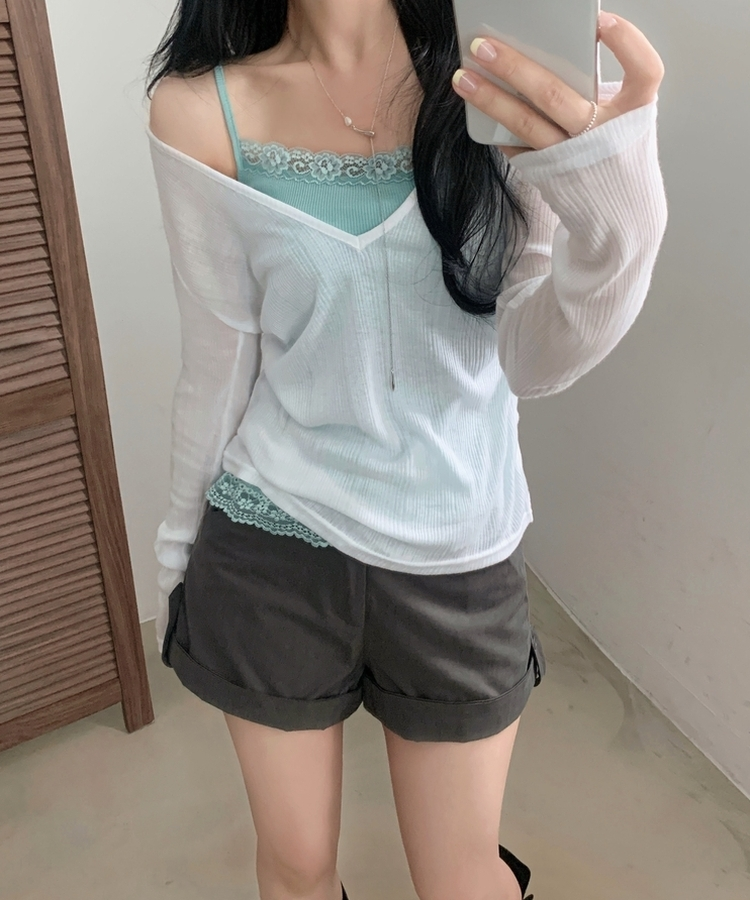 플리 딥브이 시스루 골지 긴팔티셔츠 8color 아이보리