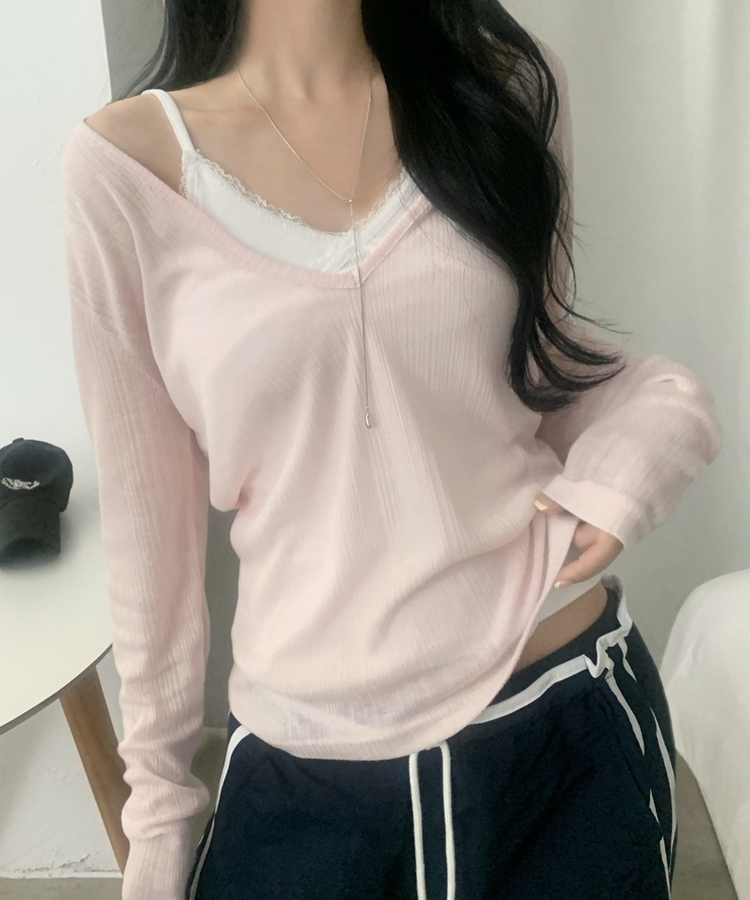 플리 딥브이 시스루 골지 긴팔티셔츠 8color 핑크