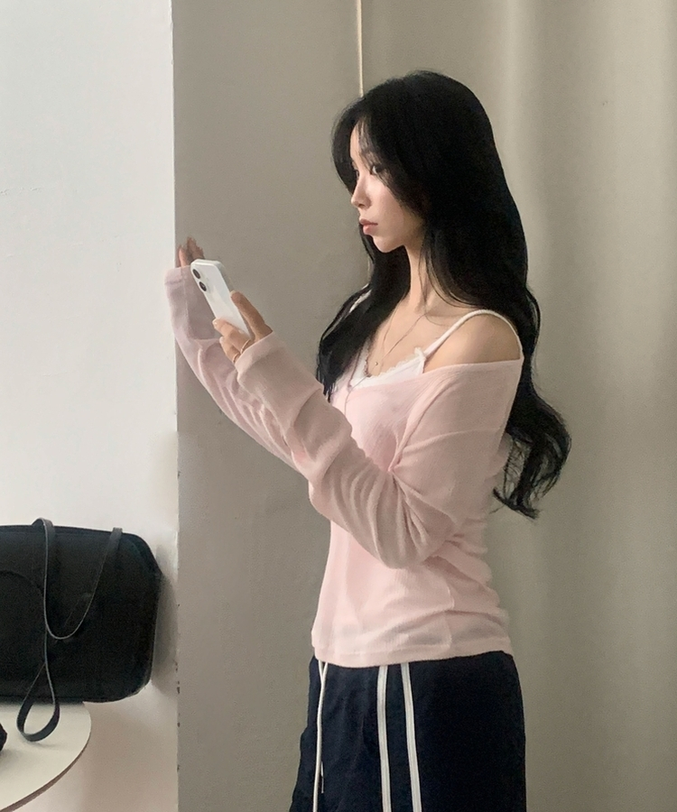 플리 딥브이 시스루 골지 긴팔티셔츠 8color 핑크