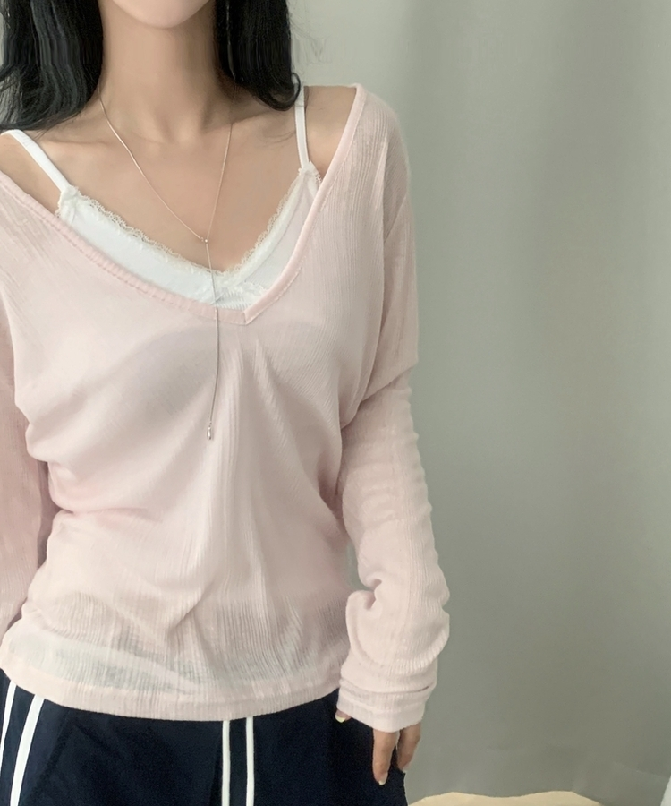 플리 딥브이 시스루 골지 긴팔티셔츠 8color 핑크