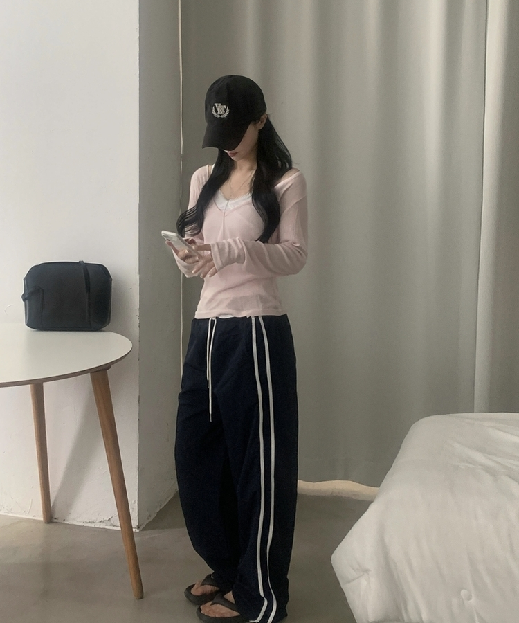 플리 딥브이 시스루 골지 긴팔티셔츠 8color 핑크