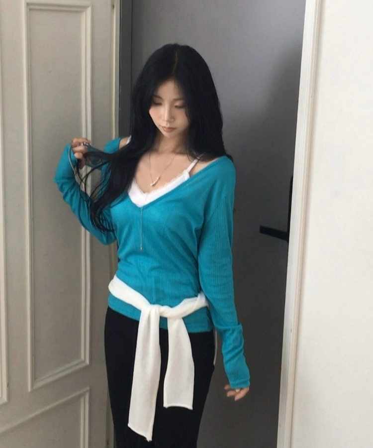 플리 딥브이 시스루 골지 긴팔티셔츠 8color 청록