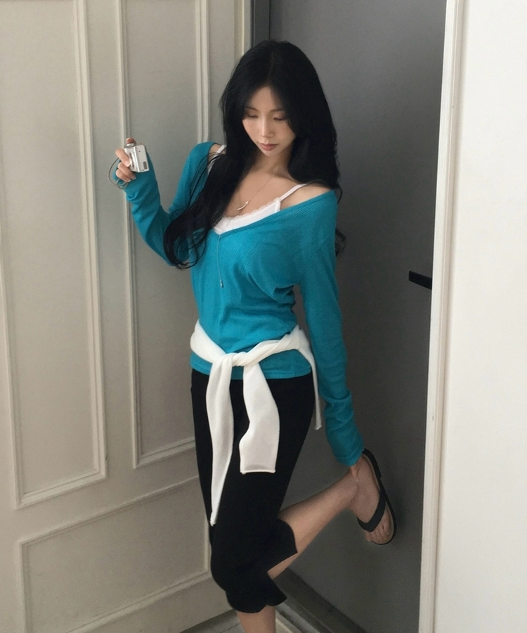 플리 딥브이 시스루 골지 긴팔티셔츠 8color 청록