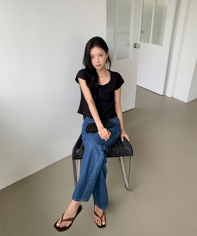 シアークロップフレア半袖ブラウス BLACK