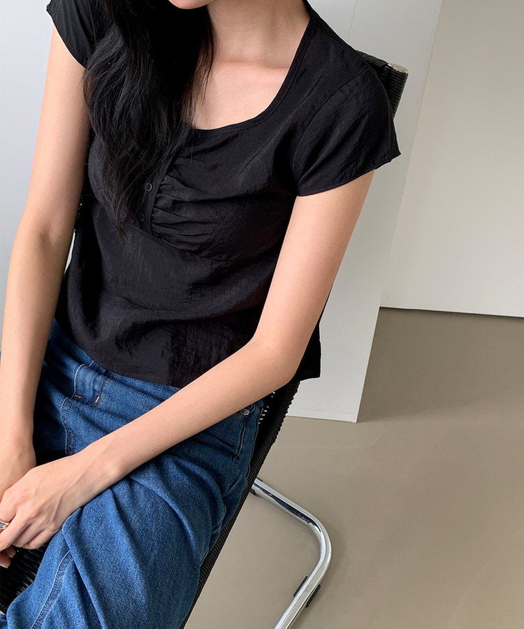 シアークロップフレア半袖ブラウス BLACK