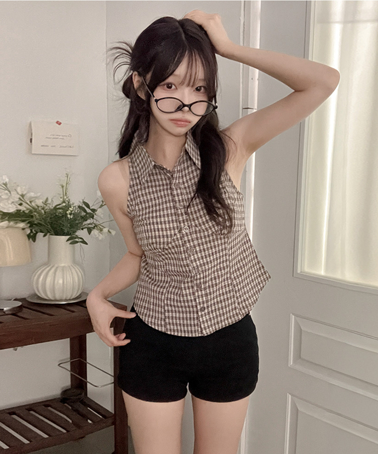 투야 백버클 슬림 체크 카라 셔츠 나시 브라운