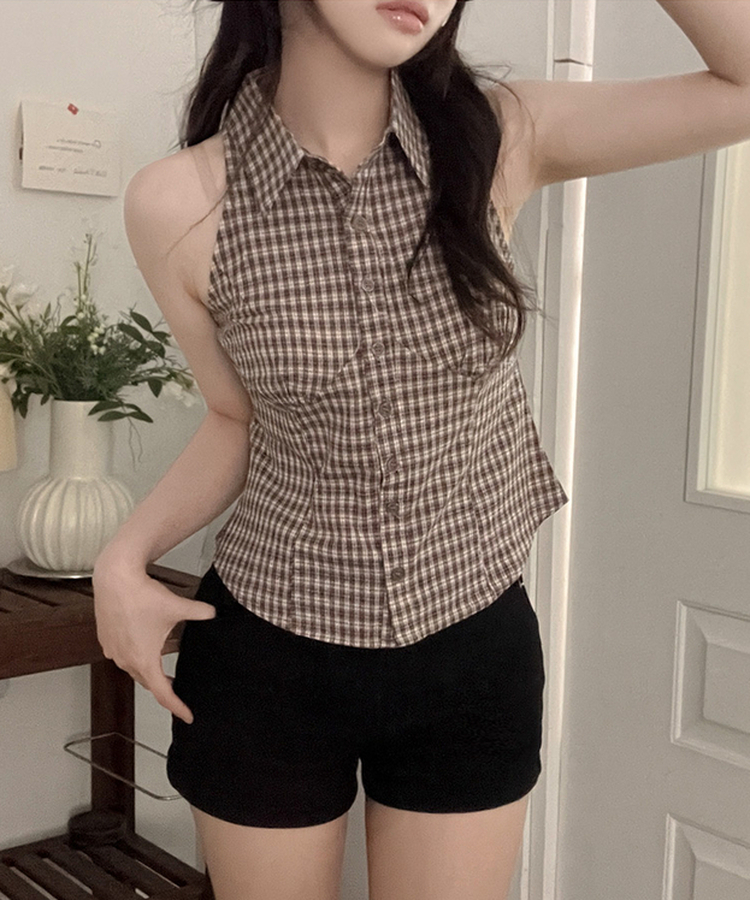 투야 백버클 슬림 체크 카라 셔츠 나시 브라운