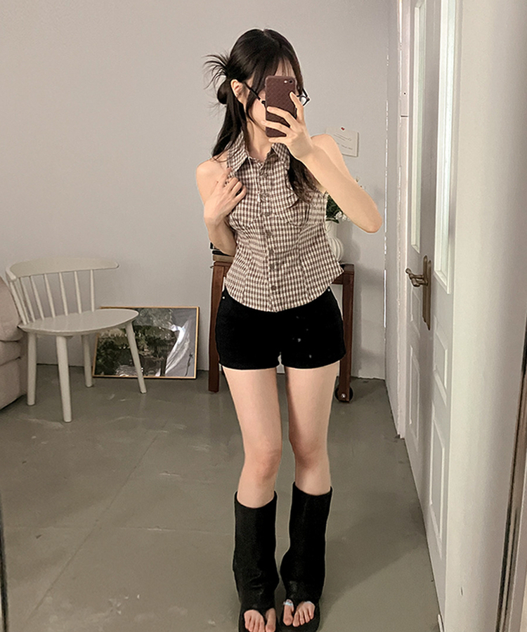 투야 백버클 슬림 체크 카라 셔츠 나시 브라운