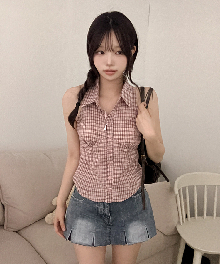 투야 백버클 슬림 체크 카라 셔츠 나시 핑크