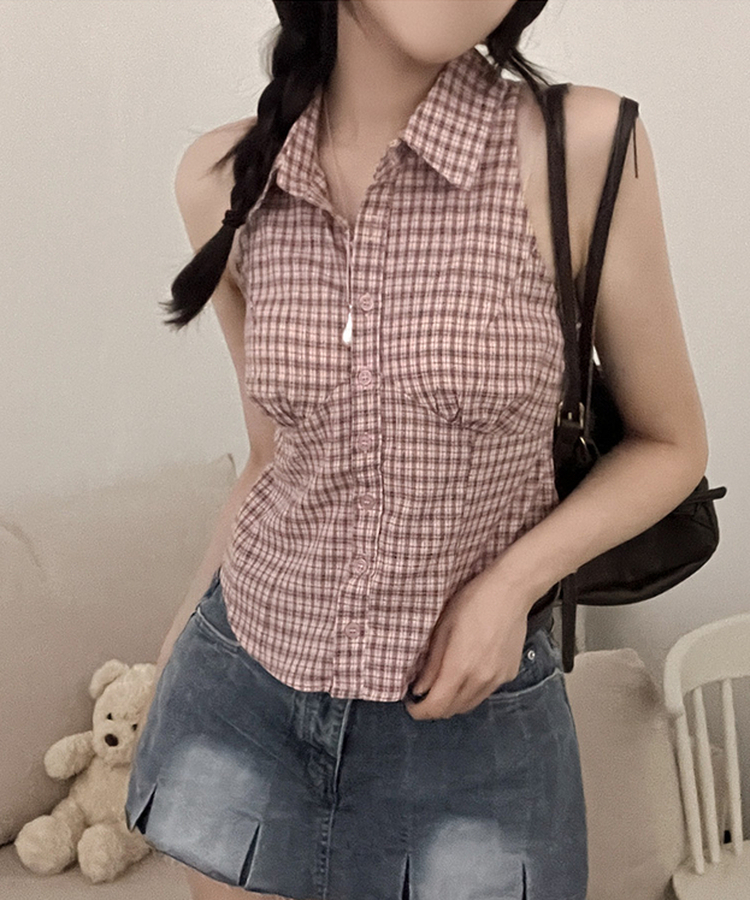 투야 백버클 슬림 체크 카라 셔츠 나시 핑크