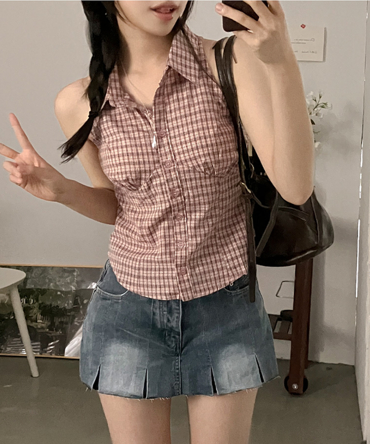 투야 백버클 슬림 체크 카라 셔츠 나시 핑크