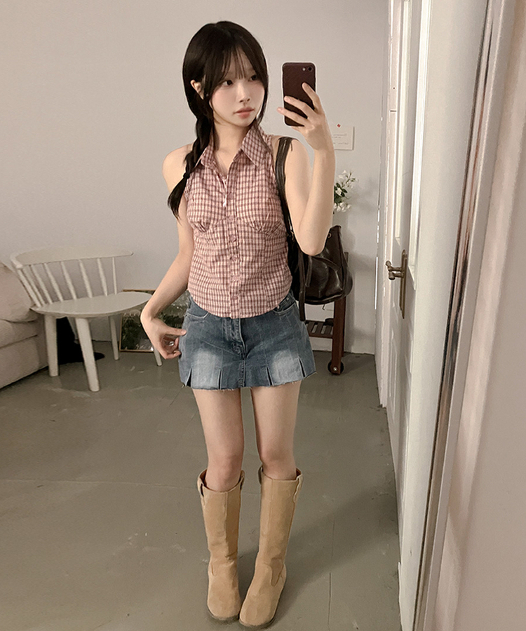 투야 백버클 슬림 체크 카라 셔츠 나시 핑크