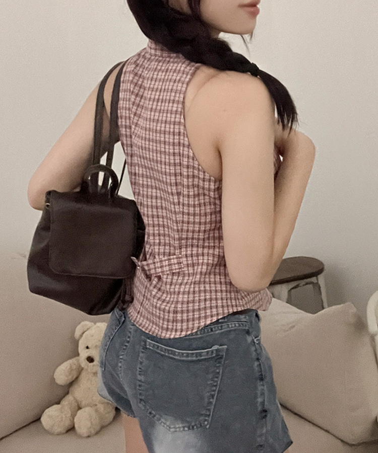 투야 백버클 슬림 체크 카라 셔츠 나시 핑크