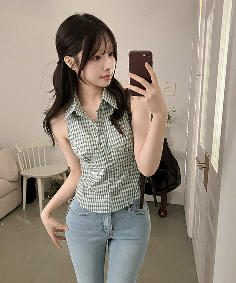 투야 백버클 슬림 체크 카라 셔츠 나시 그린