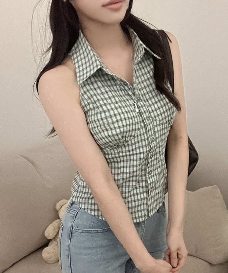 투야 백버클 슬림 체크 카라 셔츠 나시 그린