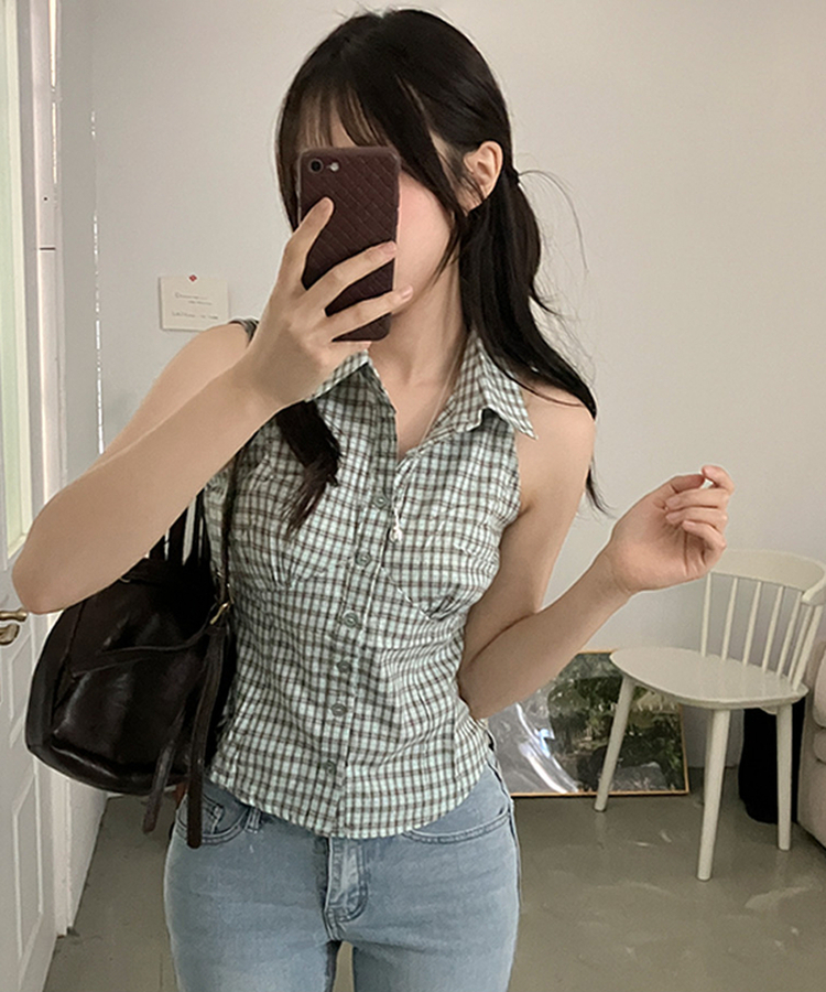 투야 백버클 슬림 체크 카라 셔츠 나시 그린