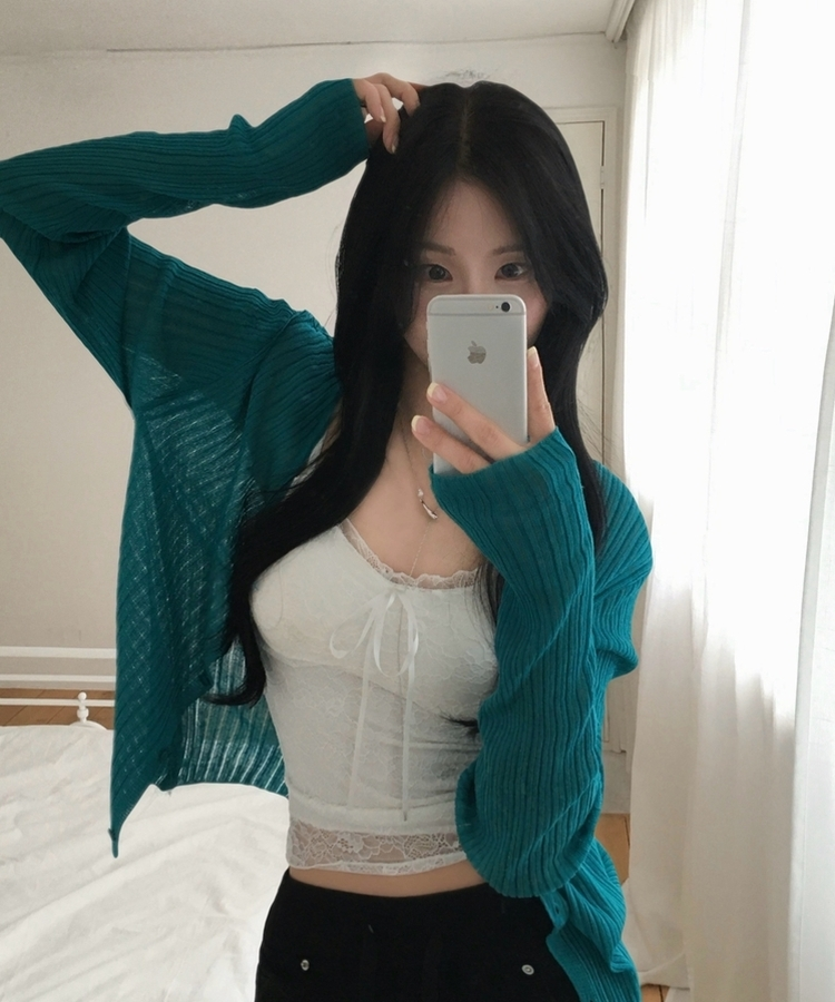 리브 여리핏 린넨골지 긴팔 니트가디건 6color 청록
