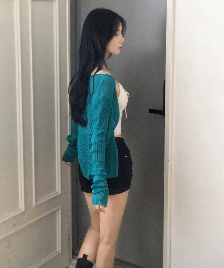리브 여리핏 린넨골지 긴팔 니트가디건 6color 청록
