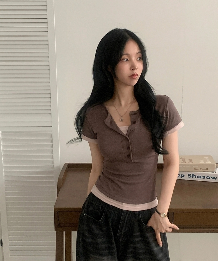코코 배색 일체형 유넥 버튼 반팔티셔츠 4color 브라운