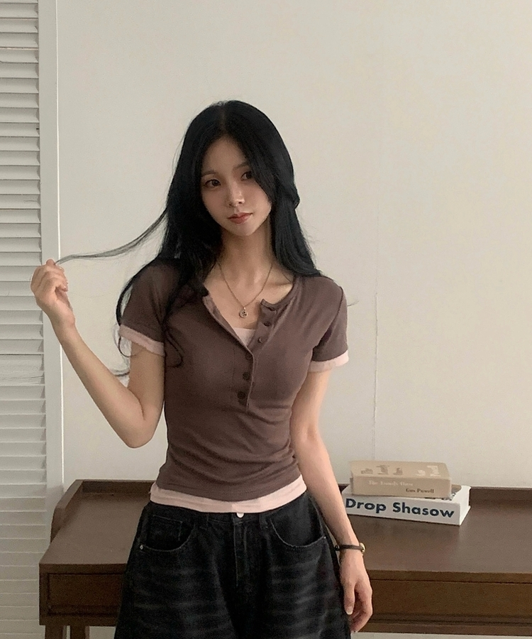 코코 배색 일체형 유넥 버튼 반팔티셔츠 4color 브라운