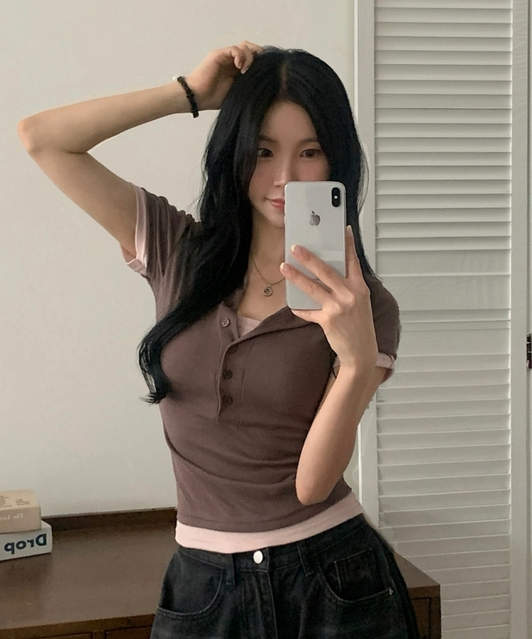 코코 배색 일체형 유넥 버튼 반팔티셔츠 4color 브라운