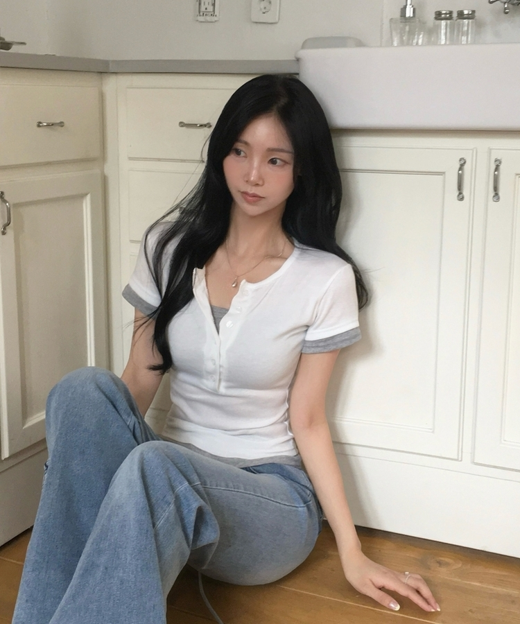 코코 배색 일체형 유넥 버튼 반팔티셔츠 4color 아이보리
