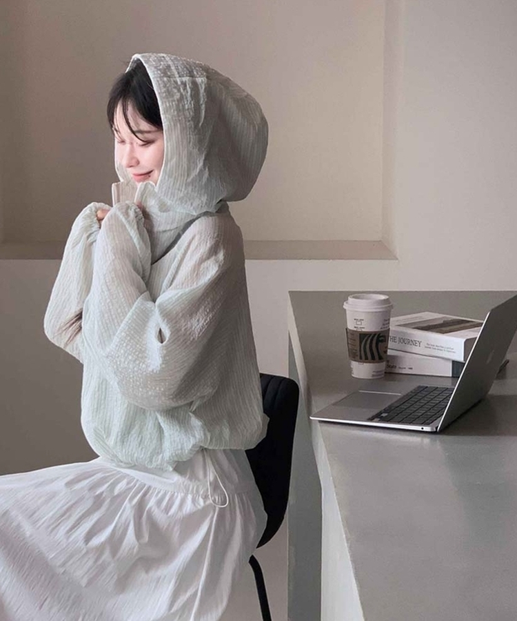 꿉꿉함 제로보송이 스트라이프 후드 스트링 루즈핏 여름 바람막이 점퍼 카키