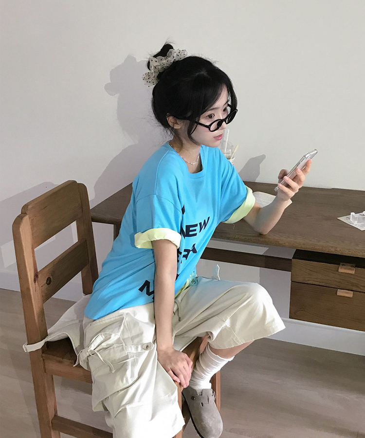 에딧 레터링 프린팅 루즈핏 반팔 티셔츠 블루