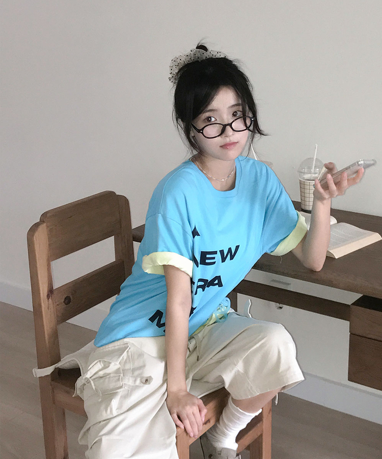 에딧 레터링 프린팅 루즈핏 반팔 티셔츠 블루