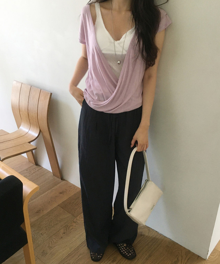 レイヤードラップ半袖Tシャツ DEEP PINK