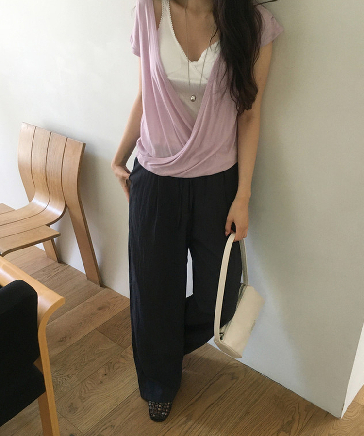 レイヤードラップ半袖Tシャツ DEEP PINK