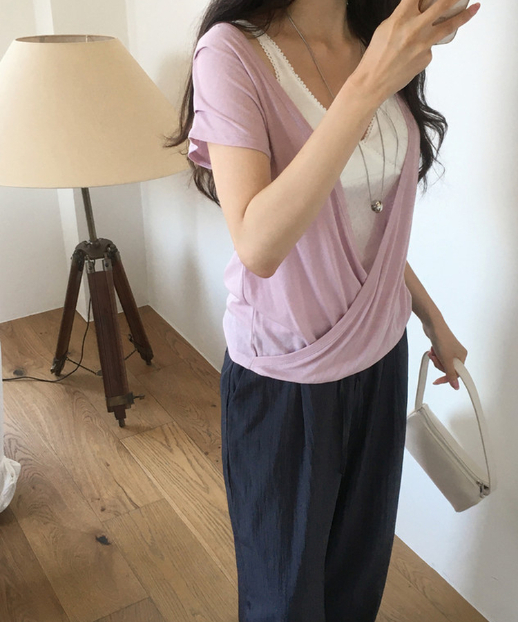 レイヤードラップ半袖Tシャツ DEEP PINK