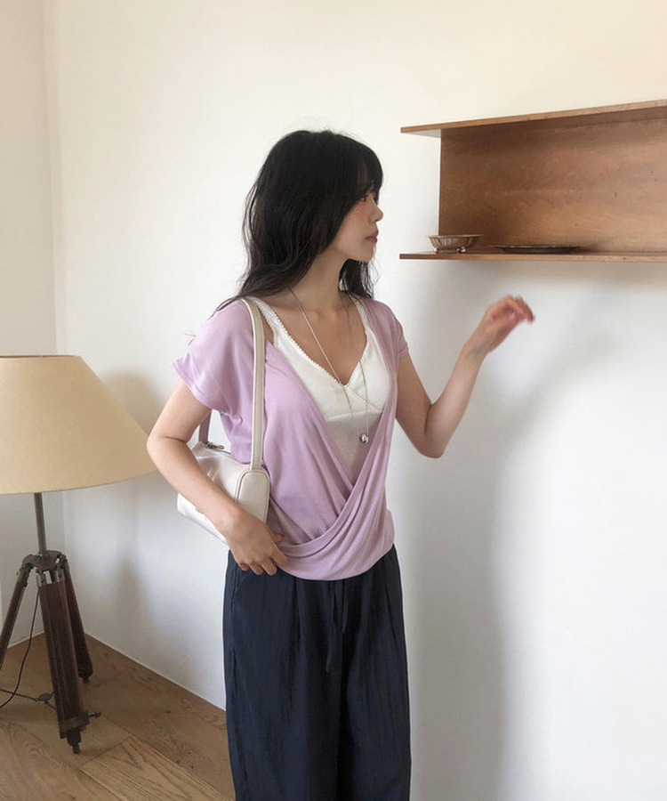 レイヤードラップ半袖Tシャツ DEEP PINK