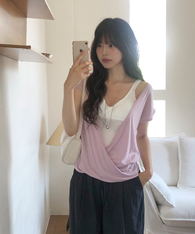 レイヤードラップ半袖Tシャツ DEEP PINK