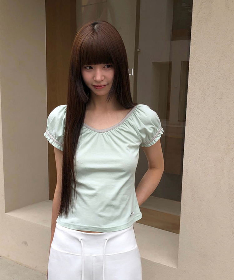 Vネックシャーリングパフ半袖Tシャツ MINT