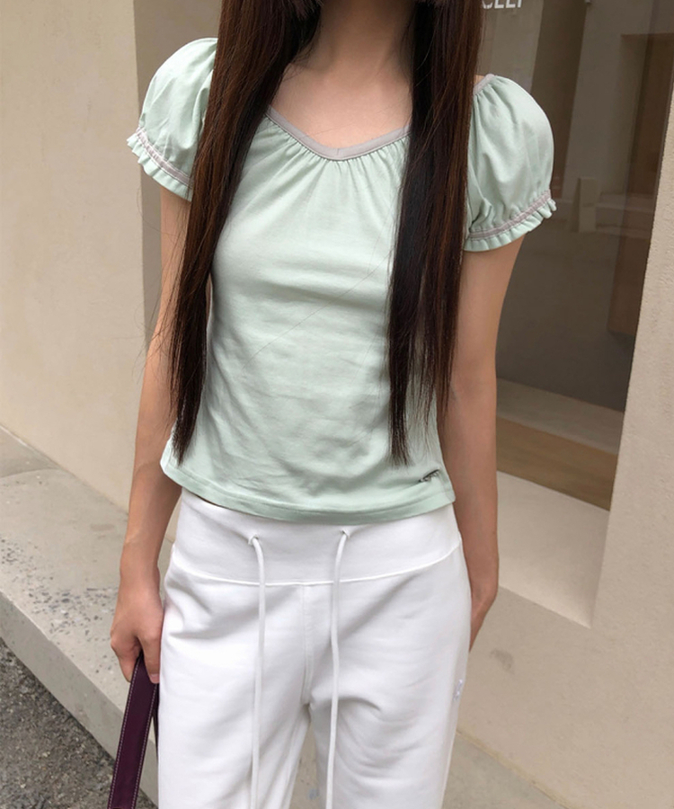 Vネックシャーリングパフ半袖Tシャツ MINT