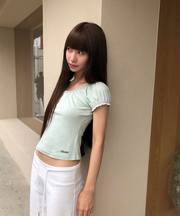 Vネックシャーリングパフ半袖Tシャツ MINT