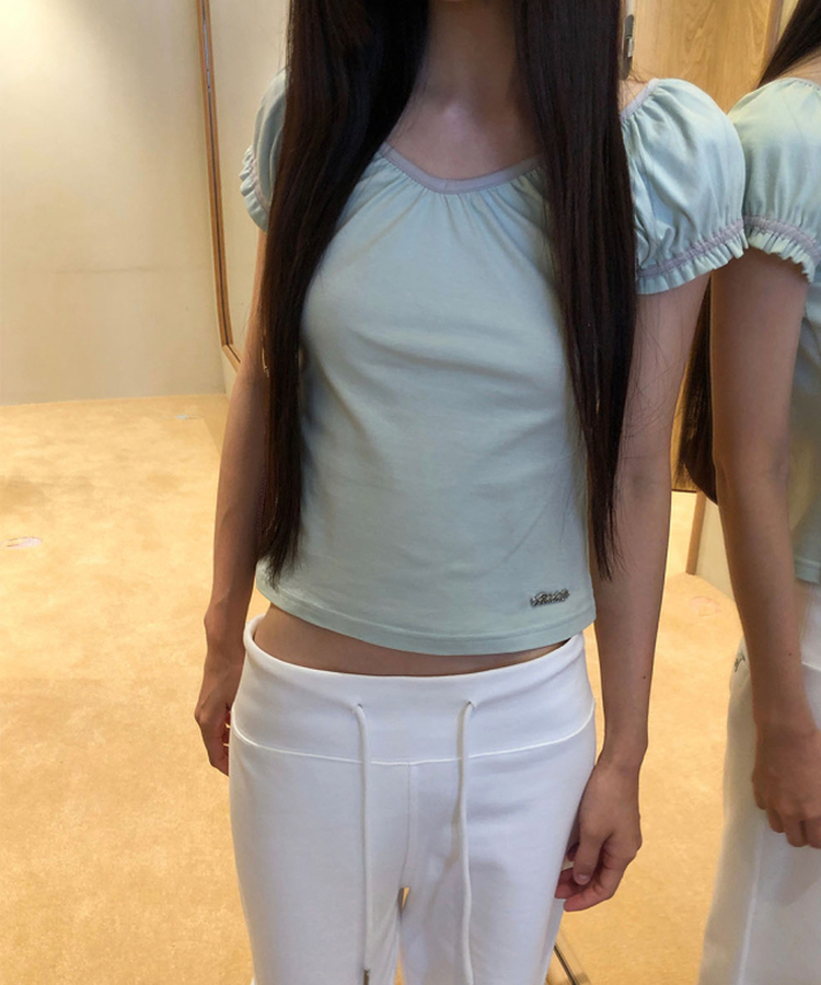 Vネックシャーリングパフ半袖Tシャツ MINT