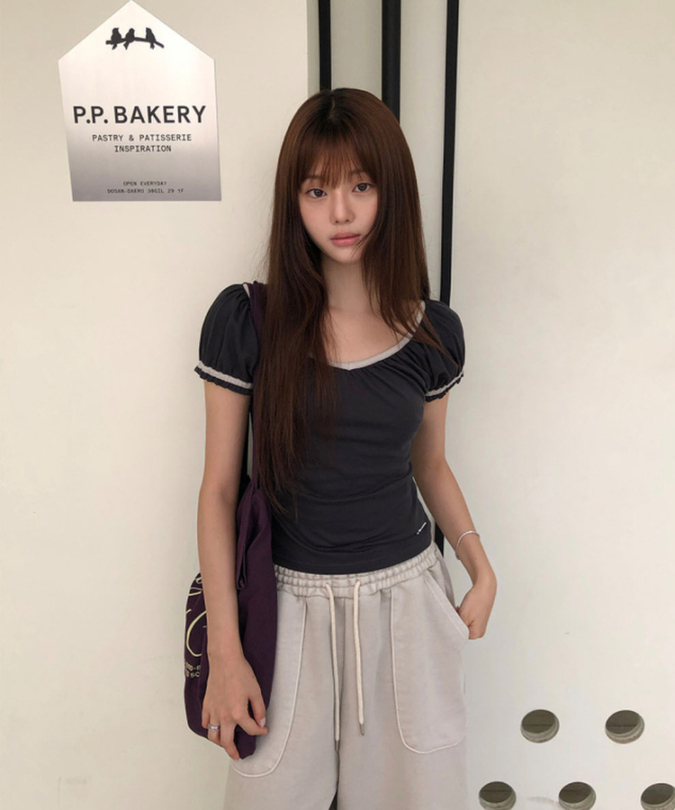 Vネックシャーリングパフ半袖Tシャツ CHARCOAL