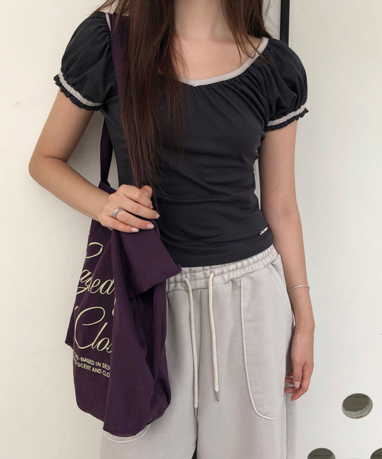 Vネックシャーリングパフ半袖Tシャツ CHARCOAL