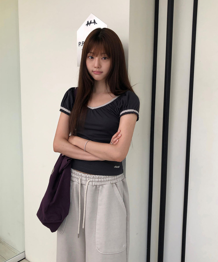 Vネックシャーリングパフ半袖Tシャツ CHARCOAL