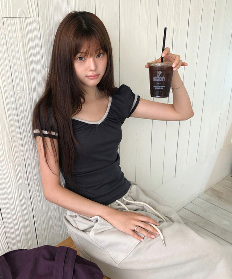 Vネックシャーリングパフ半袖Tシャツ CHARCOAL