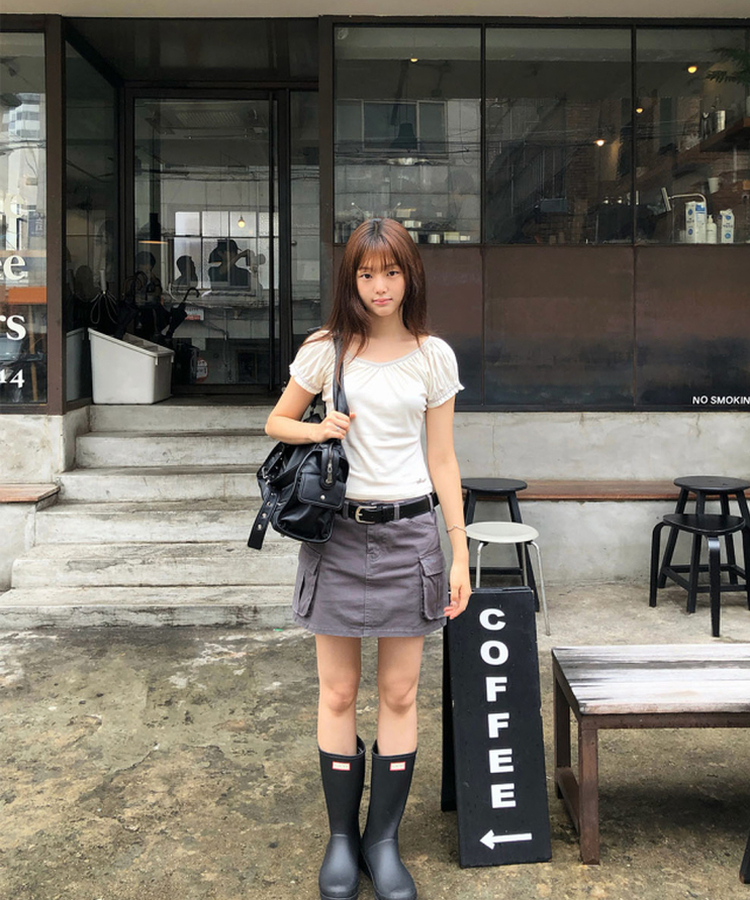 Vネックシャーリングパフ半袖Tシャツ WHITE